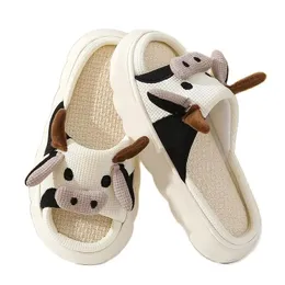 Women Milk Cow Linen Slippers Four Seasons Men Indoor Sandals Adults Cartoon Slides Couples Cute Breathable Home Shoes 240412
