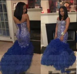 Royal Blue African Prom Dresses 2018 Major Beading Aweetheart Ruffles Mermaid Evening Gowns Lace Up Back Luxury Celebrity Pageant 6920690