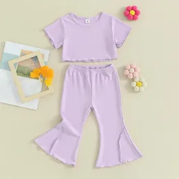 Kläderuppsättningar Suefunskry Toddler Girl Summer Pants Set Solid Color Ribbed Short Sleeve Round Neck T-shirt med flarebyxor 2st-outfit