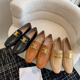 Tiomphe Golden Buckle Flat Loafers topp på skor Platta klänningsskor äkta läder Kvinnors lyxdesigner Loafers Womens Vacation Shoes Factory With Box