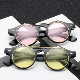 Sunglasses XaYbZc 2024 Fashion Vintage Round SteamPunk Flip Up Sunglasses Classic Double Layer Clamshell Design Sun Glasses Oculos De Sol Y240416