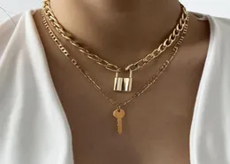 Cuban Link Chain Choker Halskette Punk Multilayer Key Long Pendant Halskette für Frauen Gold Farbkragen Jewlery4392159