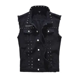 Erkek yelek erkek denim yelek punk rock perçin kovboy siyah kot pantolon moda motosiklet tarzı kolsuz ceket m-5xl 221122 dh3TR damla