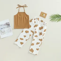 Kleidungsstücke Kinder Mädchen zweiteilige Outfits ärmellose Neckholder -Tops und elastische Kuhsteine Hosen Set Sommerkleidung