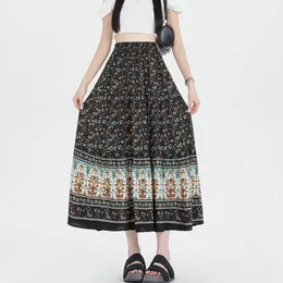 TIGENA Vintage Long Skirt for Women Summer Aesthetic Floral Print Elegant A Line High Waist Big Hem Female Ladies 240416