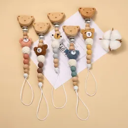 Baby Beech Wood Pacifier Clip Cartoon Animal Crochet Pärlor Silikon Nippelkedja för TEETTHER SVARN TAIS 240409