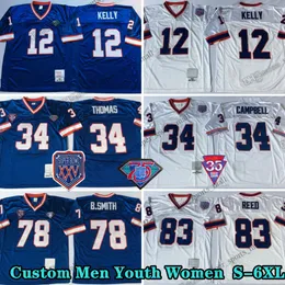 Custom 75th Vintage 34 Thurman Thomas Thomas Football Jerseys 78 Брюс Смит12 Джим Келли 32 O.J.Симпсон 68 Джо Delamielleure 83 Андре Рид 66 Билли Шоу 70 Том Сестак Тэлли