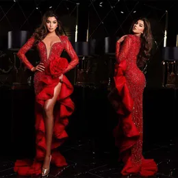 Glamorous Red Prom Dresses Tired Ruffles Deep V Neck Evening Dress Custom Made Sequins Beading Side Split Trumpet Celebrity Party Gown