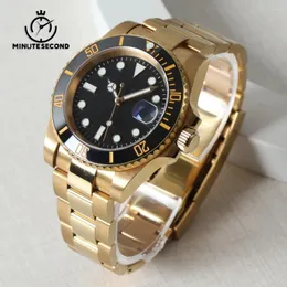 Armbanduhren in Minuteecond NH35 Gold Uhr Blind Zifferblatt Sapphire Kristall Automatische Bewegung Keramik Lünette Edelstahl NH35A SUB