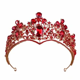 Fi Red Crystal Women Hair Jewelry Gold Gold Bridal Tiaras and Crowns Queen Princidem Diadem Wedding Crown Hair Ornaments Gifts 72wq＃