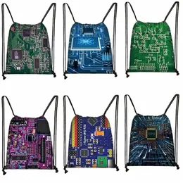 Electric Chip Print Draw String Bag Frau Reisenshop Klappbarer Speicherbeutel Kinder -Rucksack tragbarer Schulbeutel 35x55 cm I4D8#