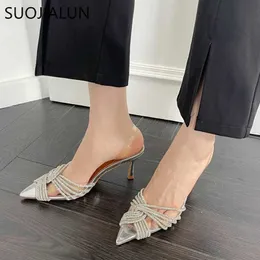 Sandallar Suojialun 2023 Bahar Yeni sivri ayak parmağı kadın sandalet ince yüksek topuklu kadınlar moda kristal papyon elbise parti pompa ayakkabıları j240416