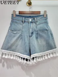 Shorts femininos Estação européia 2024 Design de verão de verão de corda trançada de moda de jeans mais jovens de jeans para mulheres