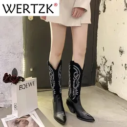 Frauen Cowboy-Stiefel spitzige Zehen Womens Schuhe Präge PU Lederschuhe Kniestiefel Chunky Wedges Schuhe 240408