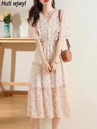 Vestidos de festa Floral Chiffon Chiff Ruffled Ruffled Casual Beach Dress for Women Summer Short Manga Prom Robe 2024 Coreano Elegante Midi