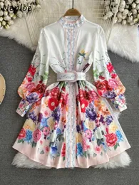 Sıradan Elbiseler Neploe Vintage Stand Yakası Fener Kollu Zarif Mujer Kemer Baskı Panelli Mahkeme Elbise Büyük Salıncak Slim Fit Pillover Robe