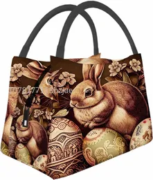 Retro Paskalya Tavşanı ve Paskalya Yumurtası Öğle Yemeği Çantası Kadınlar Öğle Yemeği Kutusu Erkekler İçin Taşınabilir Soğutucu Tote Çanta İş için Piknik Seyahat W3RL#