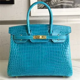 Totes Handväska Designer Bag Skin Crocodile 30 Turquoise Blue Hand Sewn Handbag Women's QQ