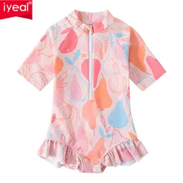 IYEAL Summer 15Y Toddler Kids Baby Girls Swimwear Zipper Short Sleeve One Piece Bikini Bathing Quick Drying Swimming Suit 240416