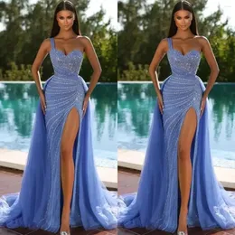 Party Dresses Blue Prom Mermaid With OverSkirt One Shoulder Poed Sweep Train Side Slit Custom Made Ruched Evening Gowns Vestid