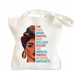 Jestem czarną kobietą wielkie kolczyki literowe torby drukarskie wielokrotne użycie dużej pojemności płócien Casual Fi prezentowa torba n55b#