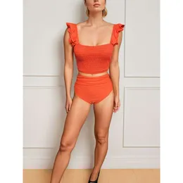 2024 Kvinnors baddräkt Speciellt tyg med rufsade kanter Solid Color Slim Fit Sexy Bikini