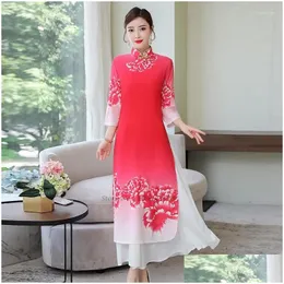 민족 의류 2023 여자 빈티지 베트남 aodai 전통 꽃 프린트 ao dai 드레스 동양 임프 Cheongam Evening vestido drop de dhvcy