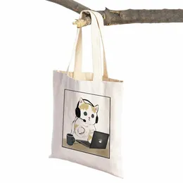 Fi Supermarket Shopper Bag Kawaii Funny Cat Hamster Women Tote Handbag Animal Print Canvas Cloth Lady Shop Pags Z4yg#