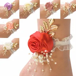 Mädchen Brautjungferen Handgelenk FRS Hochzeit Prom Party Boutniere Satin Rose Armband Stoff Hand Hochzeitsangebot Akquiser Y02Z#