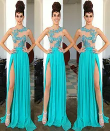 패션 2019 Sheer Neck Evening Frem Prom Dresses Blue Chiffon Split Appliqued 형식 드레스 파티 저녁 유명인 가운 Cheap4968653