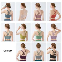 Lu Women's Align Bras Strappy Sports Fiess Workout Padded Criss Cross Back Gym Crop Tops Alo Support Removable Cups Lemon Gym