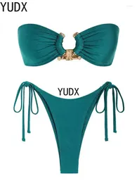 Costumi da bagno femminile yudx solido o costume da bagno ad anello per donne cravatta hardware in metallo lucido bandeau bikini reggiseno imbottito reggiseno in basso.