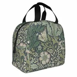 William Morris Vintage Çiçek Deseni Yalıtımlı Öğle Yemeği Bag Soğutucu Çanta Yeşil Bitki Bohem FR Taşınabilir Öğle Yemeği Kutusu Tote Seyahat V01X#
