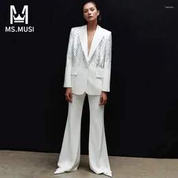 Женские штаны с двумя частями MSMUSI 2024 Fashion Women Sexy Down Down Seeckins Set Set Party Lady Lady рукав Blazer Top Bant