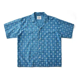 Herren lässige Hemden Vintage Indigo Print Shirt Herren Sommer neue blaue gefärbte kubanische Revers Short Sleeve Single Breace Cotton Cardigan Tops 240416
