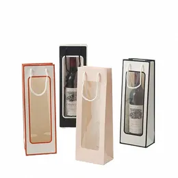 new Style Single Red Wine Tote Bag Window Transparent PVC Kraft Paper Fr Doll Rectangular Gift Packaging Bag X1Ss#