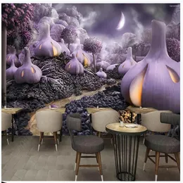 Papéis de parede Purple Fantasy Painted Vegetable Big Tree Restaurant Supermarket Shop Background Wall 3D