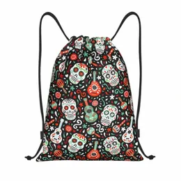 Dia do Day of the Dead Sugar Skull Scullstring Bag para lojas de ioga mochilas mulheres mexicano esqueleto gótico ginástico sackpack w49z#