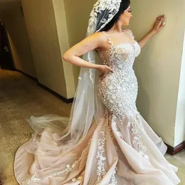Ebi Arabic Aso Plus Size Floral Lace Illusion Wedding Dress Spaghetti Tulle Sweep Train Bridal Gowns Dresses ZJ es