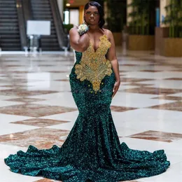 Emerald Green Prom Dresses With Golden Beaded Luxury Mermaid Full Sequin Evening Dress Sparkly Ceremony Formal Birthday Party Gowns 2024 Plus Size Robe De Soiree