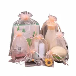 100st Sheer Organza Påsar Gift Tackstring Pouch for Jewelry Party Wedding Favor Party Festival Candy Bags Drop Ship H58L#