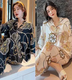 Fashion Women Silk Satin Sleep abbigliamento Personality Textile Homewear Roulette Stampato comodo pigiama a maniche lunghe Pajamas SE8342665