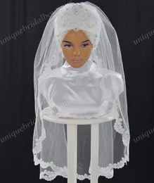 Veli di matrimonio musulmani con perle e appliques di pizzo Immagini modelli reali pronti per indossare il gusto d'hijab da sposa Hazy Gelin Turban88845038