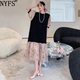 Платья для вечеринок NYFS 2024 Summer Korea Женщина платье vestidos халат Elbise Shape Plus размер хлопковая сплайсинга цветочная пряжа с коротким рукавом длинный