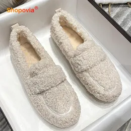 Casual Shoes 2024 Women Winter Warm Outdoor Plush Design Luxury Lambswool Loafers Cotton Comfy Curly Sheep Fur Flats