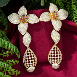 Dangle Earrings Godki Mutlicolor Luxury Flowers Drop Full Micro Cubic Zirconia Paved Dubai Wedding Party Earing for Women 2024