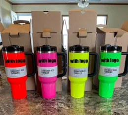 US Stock 40oz Neon Pink Black Chroma Quencher Tumblers Pink Cosmo Parada co-märke Flamingo rostfritt stål presentkoppar Silikonlock och halmchoklad I0416