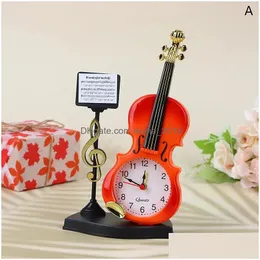 Desk Table Clocks 1Pc Creative Violin Alarm Clock Fashion Simple European Style Childrens Cute Cartoon Bedside Retro Ornament Drop Dhykz