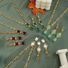 Chic Arabic Women Caftan Choker Crystal Square Stone Gold Color Earring Halsband Set för Algeriet Muslimska brudbröllopsmycken 240410