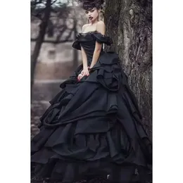 Dress Black Vintage Gothic Off Wedding The Shoulder Ruched Drapped Skirt Retro Bride Mariage Dresses Outdoor Long Bridal Gowns es